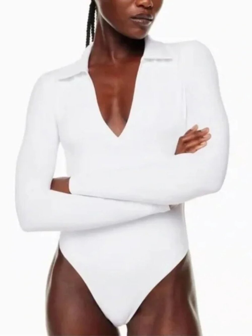 Babaton Bodysuit Beige Long Sleeve Deep V Neck Collar